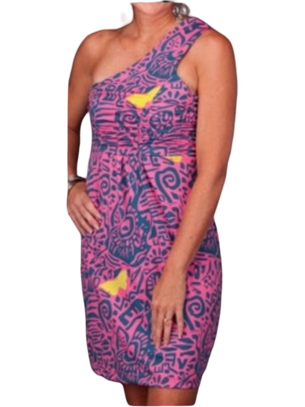 Tracy Negoshian One Shoulder Mini Pink & Blue Geometric Print Dress Size Small